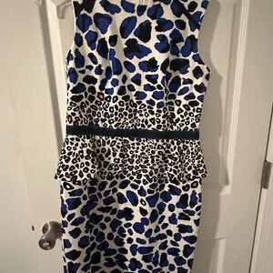 David Meister Blue and Black Sheath Midi Animal Print Dress Size 8